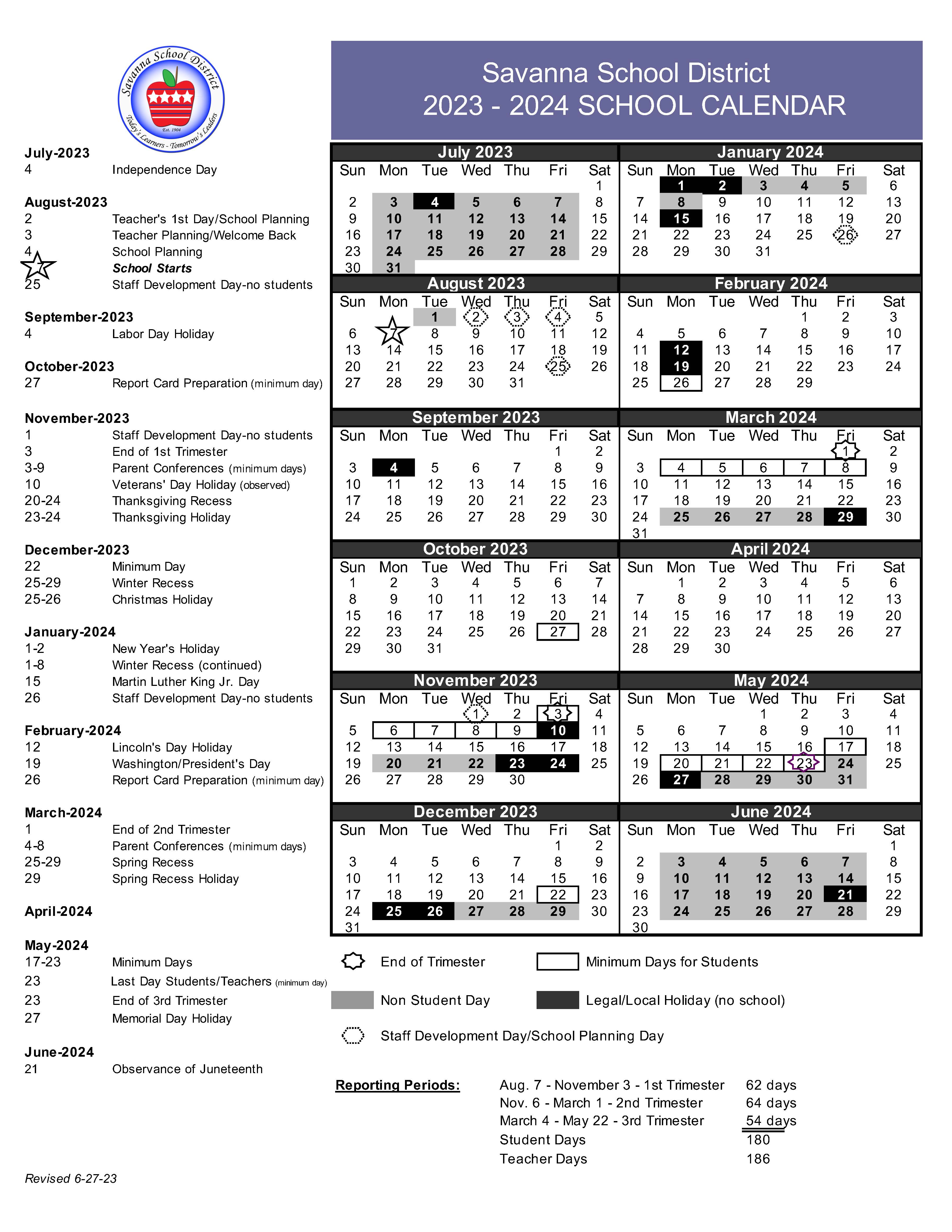 Savanna School District Academic Calendar